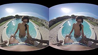 This horny babe wants to give me a virtual reality blowjob by the pool