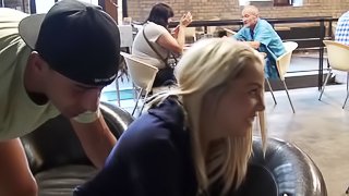 Hot blonde is getting her pussy fucked while she is in a cafe