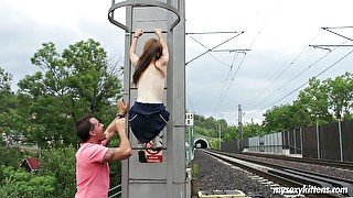 Sporty and weird blowlerina called Anouk gets banged at the railway station