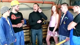 Hot redhead in pink gets gangbanged then gets cum cream in her coffee