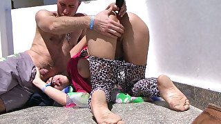 Appetizing brunette GF gets her shaved twat fucked on the balcony
