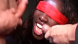 Dark skinned skank is gangbanged brutally while blindfolded