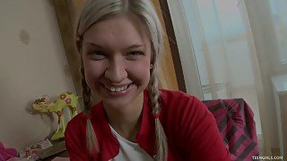 Sweet teen chick Emily plays with a fat dildo