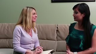 Blonde lawyer with big boobs likes lesbian sex with clients