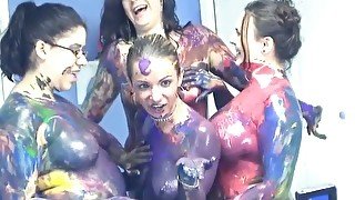 Four weird lesbians get dirty in fucked up body painting scene