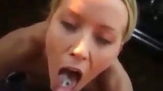 Lusty blond haired whore sucks staff pens of one stranger outdoors