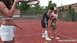 Curly oriental brunette Asia Devil plays tennis with her blonde girl