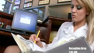 Lovely Brunette Secretary Gets A Hardcore Fuck On Top Of An Office Desk