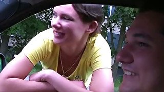 brunette sucks in the car