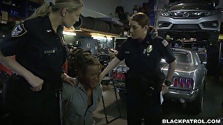 Two fat chicks wearing police uniform fuck one black dude