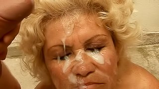 Old woman fucked by 3 dicks gets load of cum on her face