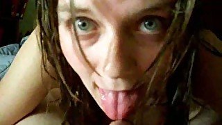 Grey eyed amateur teen greedily sucking my juicy cock on POV clip