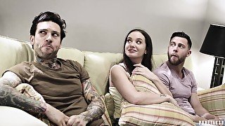 Hot threesome for tattooed bitch who enjoys taking two big dicks