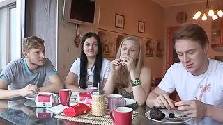 Russian skanks Alice and Inga enjoy foursome sex after a party
