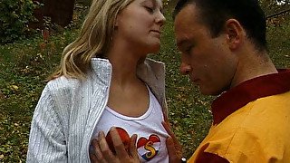 Kinky dude feels up naughty teen in the forest and fucks her indoor