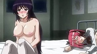 Super busty animated babes and horny Sensei cum together in hot threesome scene