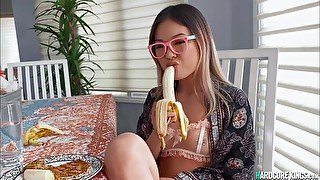 Petite Asian suck banana and big penis