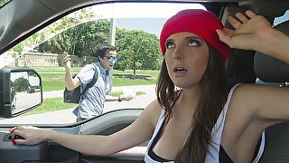 Young hitchhiker sucks big cock for a ride and jumps on cock in POV