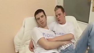 Hot gay guys strip each other naked and fuck on the couch