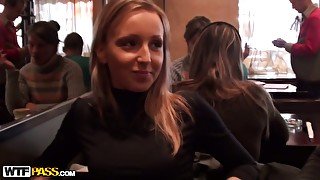 Adorable blonde babe meet a guy in a cafe and fucks him in a toilet right away