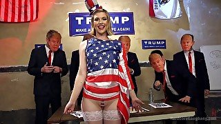 Dudes wearing Trump face masks fucks one pretty hot blonde Ella Nova