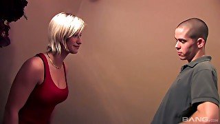 Bosomy Canadian blondie Sarah Wild gets fucked from behind on the stairs