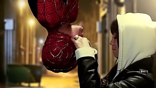 Spider Man pulls out his cock for a fantastic blowjob