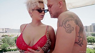 Marvelous rich bitch Amaranta Hank gives titjob before wild doggy fuck