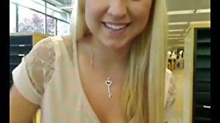 Blonde nympho flashed her pussy and teased it in the library