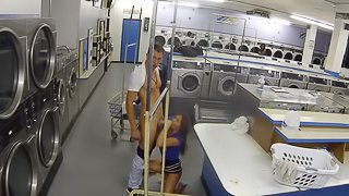 A brunette with a sexy pussy is in the laundry room, handling the cock