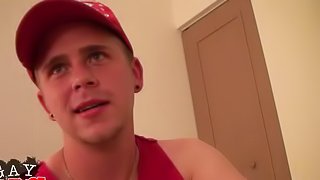 Cute gay teen with a nice body sucking a stranger's big cock