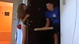 Two teenager babes flashing the shy pizza dude