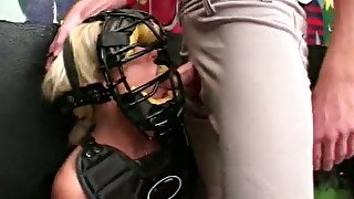 Trashy blonde wench gets throat fucked by horny ass baseball player