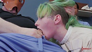 Green haired chick Kenzie Taylor allows to kinky dudes to fill her anus with liquid