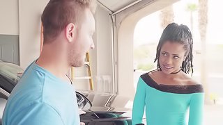 Ebony hottie Kira Noir sucks a dick in the car and fucks in her house