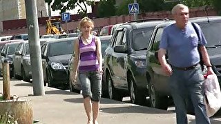 Russian sweetheart on the street pees in her pants