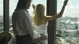 Perverted long haired strong hunk makes busty blondie tease brunette