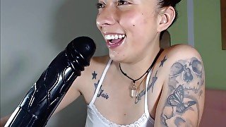 Inked amateur teen has fun with huge dildo