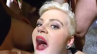 Short hair blonde likes to swallow