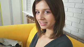 Cute brunette Russian teen blows meaty dick of grey-haired lover