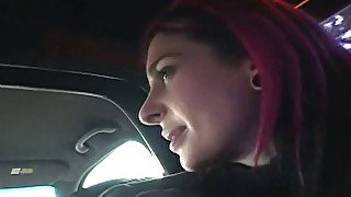 Lewd dark haired nympho flashes her rounded pale butt in the limo