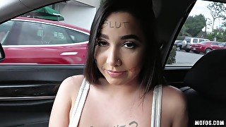 Big natural tits slut with body writing gets degrated during POV car fuck