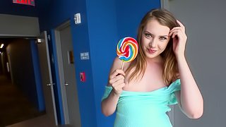 Cutest teen licks the lollipop and impales her cunny on the cock