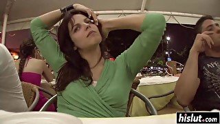 Amazing friends relax in the restaurant - darkhaired babe