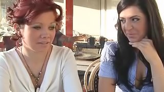 Two lesbian babes having lunch and then kiss outside the cafe.