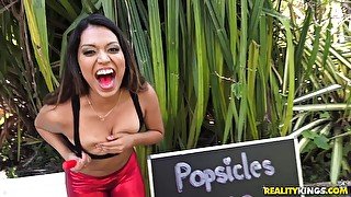 Tony Rubino licks off sweet popsicle from yummy Latin tits