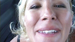 Funny blonde milf Renee has sexy fun with dick in the van