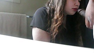 Pigtailed perverted chubby brunette whore in black T-shirt sucked my buddy