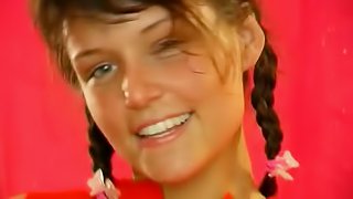 Freckled teen in pigtails is the cutest dildo fucking chick