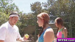 Two hot horny babes has hardcore threesome in a tennis court outdoors